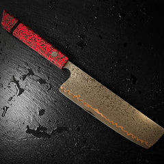 Profil complet du couteau nakiri japonais, lame en acier damassé 10Cr15CoMoV et manche en résine rouge
