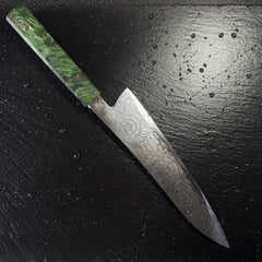 Profil complet du couteau gyuto japonais, lame en acier damassé 10Cr15CoMoV et manche en bois solidifié vert