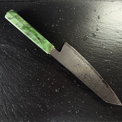 Profil complet du couteau kiritsuke japonais, lame en acier damassé 10Cr15CoMoV et manche en bois solidifié vert