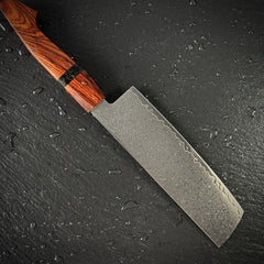 Profil complet du couteau nakiri japonais, lame en acier damassé 10Cr15CoMoV et manche en bois de santal