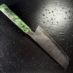 Profil complet du couteau nakiri japonais, lame en acier damassé 10Cr15CoMoV et manche en bois solidifié vert