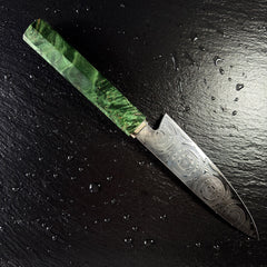 Profil complet du couteau petty japonais, lame en acier damassé 10Cr15CoMoV et manche en bois solidifié vert
