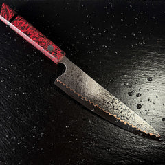 Profil complet du couteau gyuto japonais, lame en acier damassé 10Cr15CoMoV et manche en résine rouge